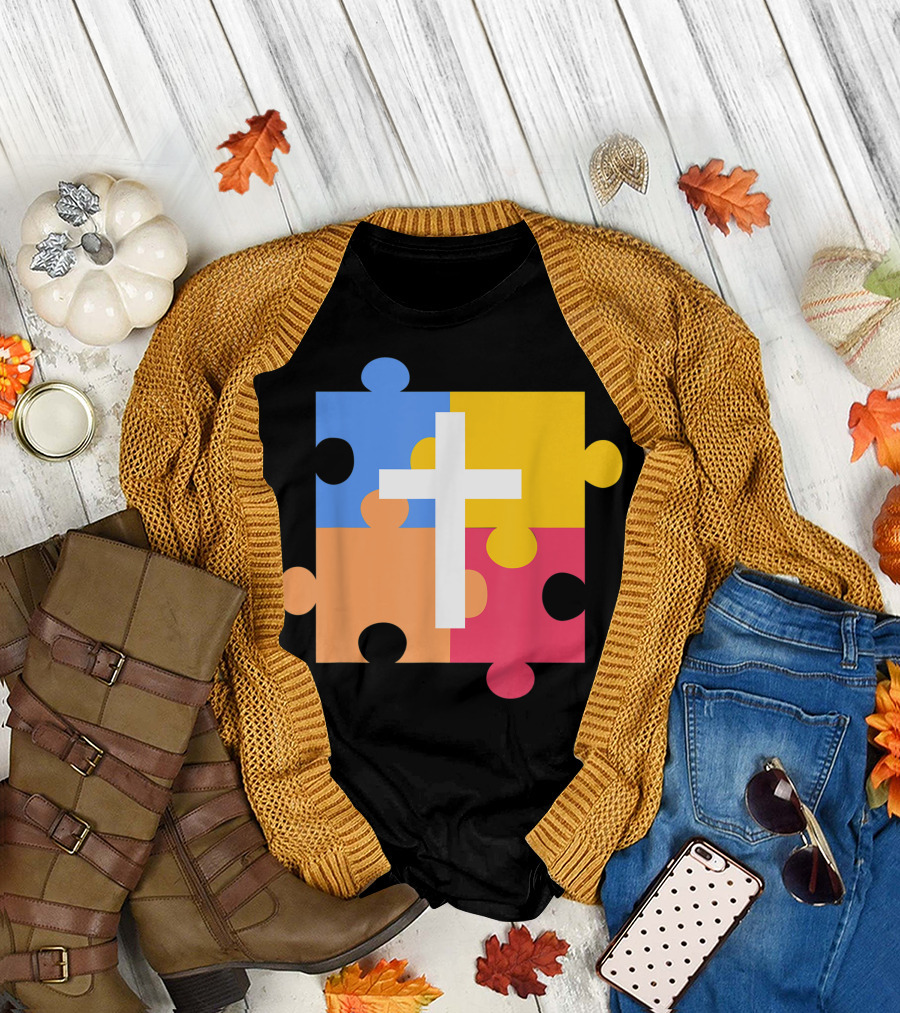 Autism Awareness Catholic Christian Puzzle Cross T-Shirt