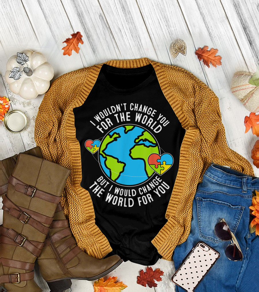 Autism Awareness Change the World for You Peachie Speechie Puzzle Heart Globe T-Shirt