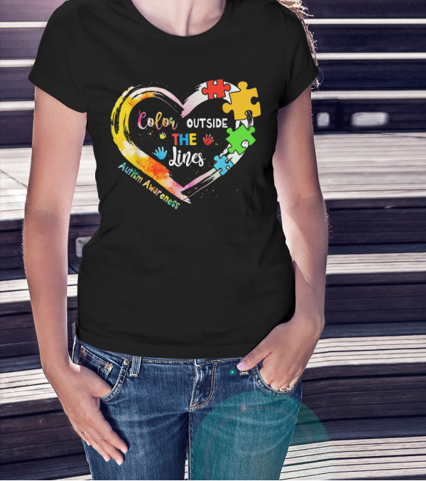 Autism Awareness Color Outside The Lines Heart Puzzle Pieces T-Shirt