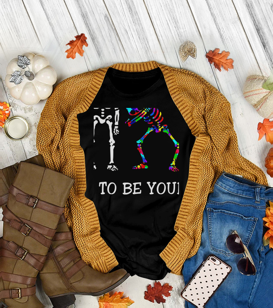 Autism Awareness Dabbing Skeletons Dare To Be Yourself Rainbow Colors T-Shirt