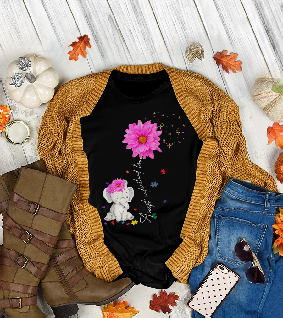 Accept Understand Love Autism Awareness Daisy Flower Elephant T-Shirt