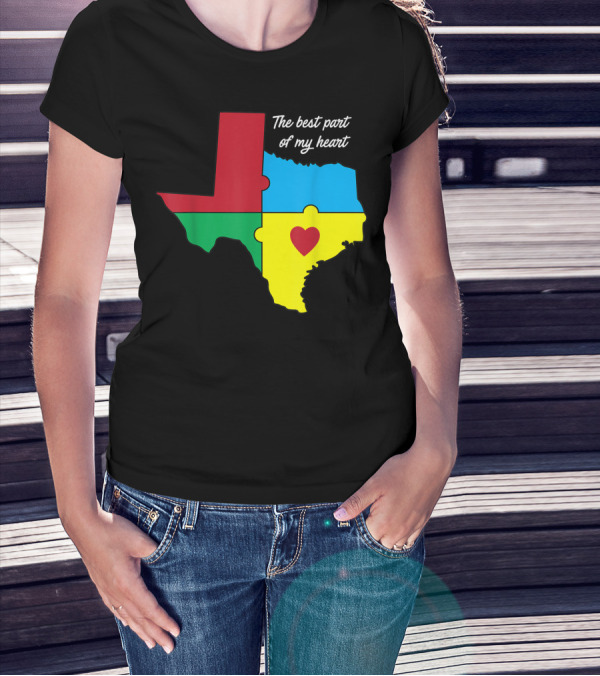 The Best Part Of My Heart Autism Awareness Texas Puzzle Map T-Shirt