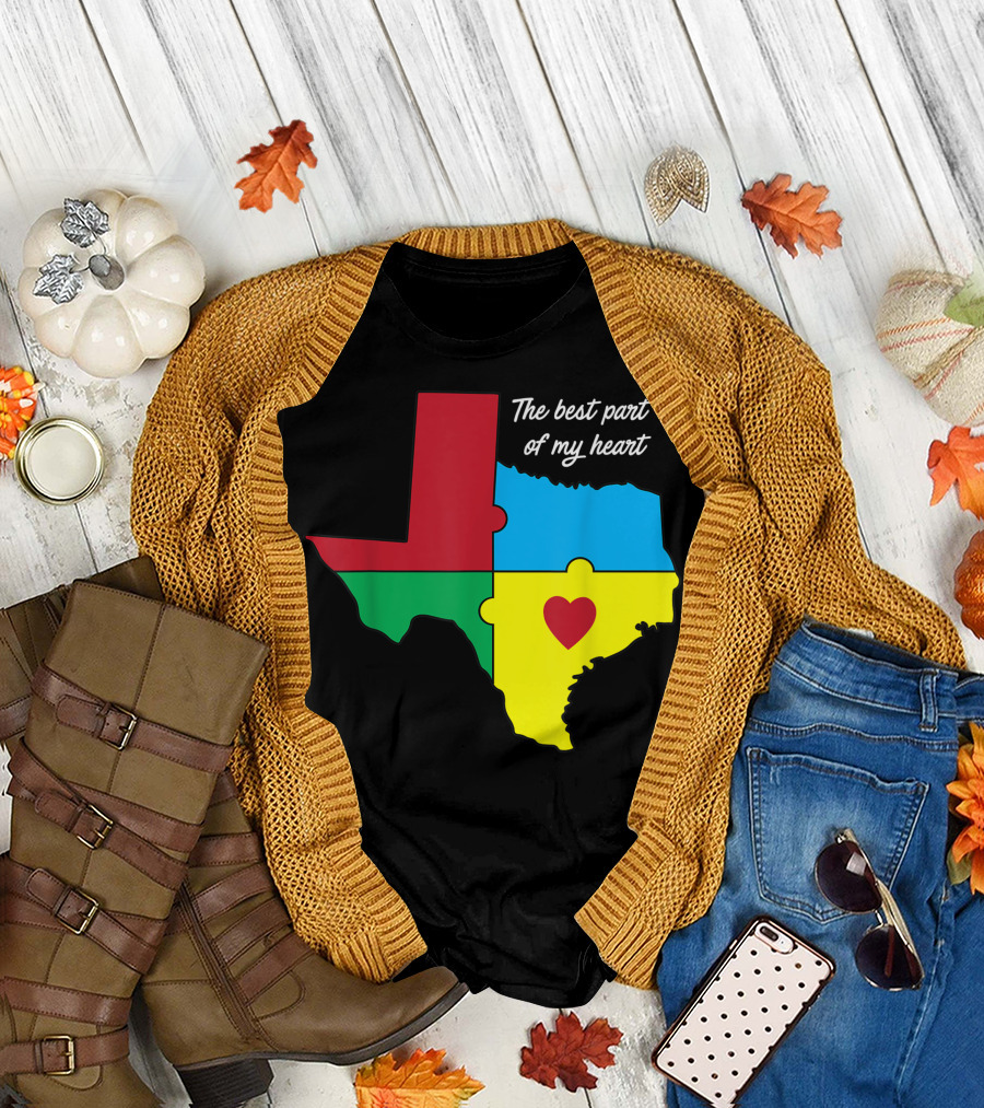 The Best Part of My Heart Autism Awareness Texas Puzzle Map T-Shirt