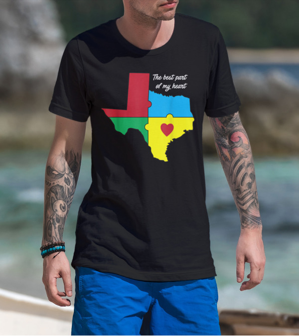The Best Part Of My Heart Autism Awareness Texas Puzzle Map T-Shirt