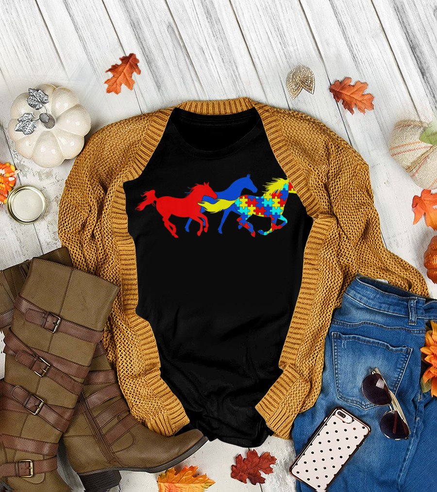 Autism Awareness Horses with Colorful Puzzle Pattern Symbolizing Diversity T-Shirt