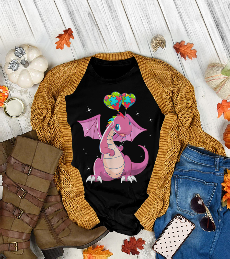 Autism Awareness Dragon Holding Colorful Puzzle Piece Balloons T-Shirt