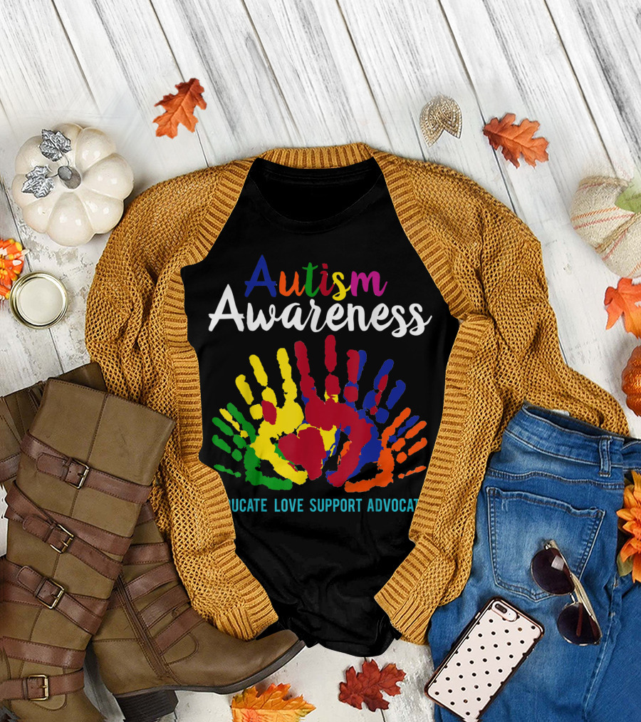 Autism Awareness Educate Love Support Advocate Colorful Handprints T-Shirt