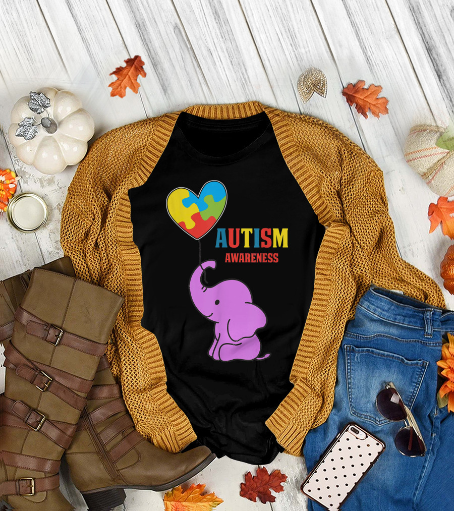 Autism Awareness Elephant with Colorful Puzzle Heart Balloon T-Shirt
