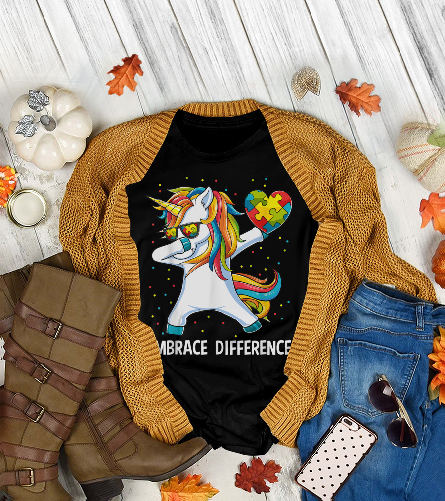 Autism Awareness Embrace Differences Dabbing Unicorn Heart Puzzle T-Shirt
