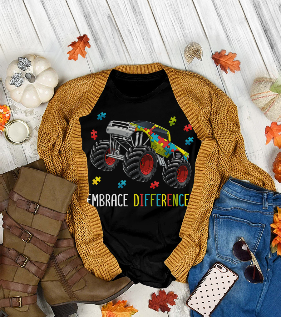 Embrace Differences Monster Truck Autism Awareness Puzzle Pieces T-Shirt