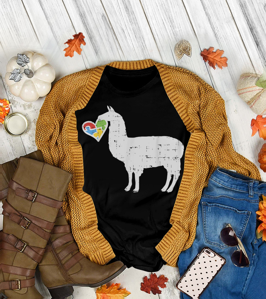 Autism Awareness Llama with Heart Puzzle Autistic T-Shirt