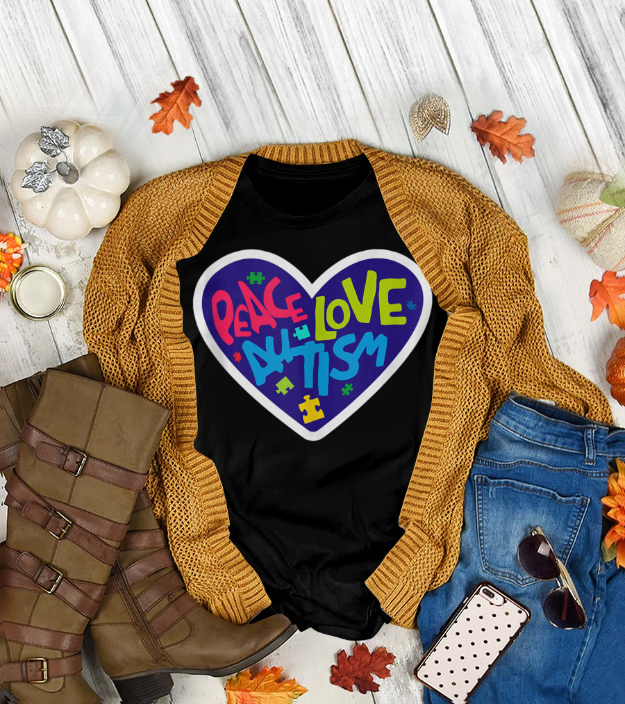 Peace Love Autism Heart Puzzle Pieces T-Shirt