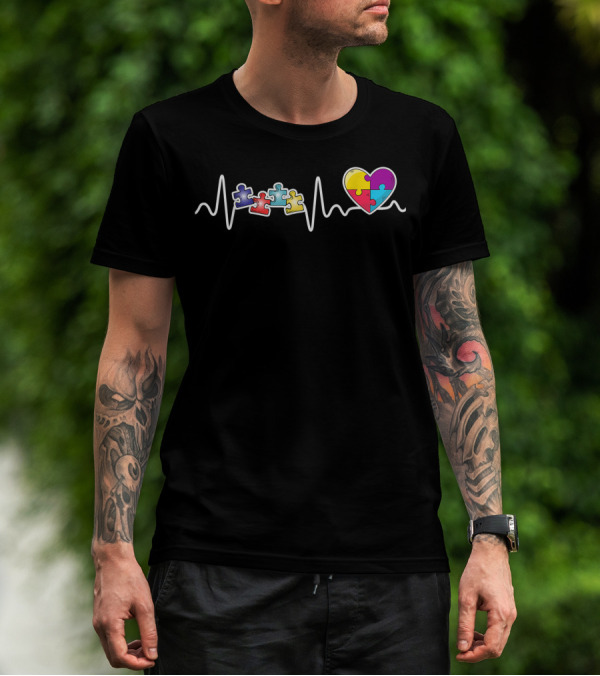 Autism Awareness Heartbeat Puzzle Heart Autism Mom Love T-Shirt