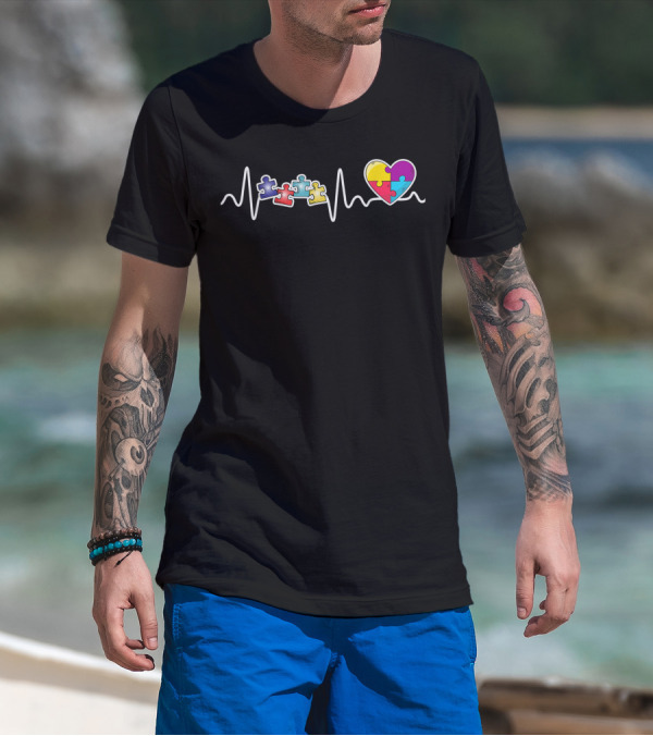 Autism Awareness Heartbeat Puzzle Heart Autism Mom Love T-Shirt