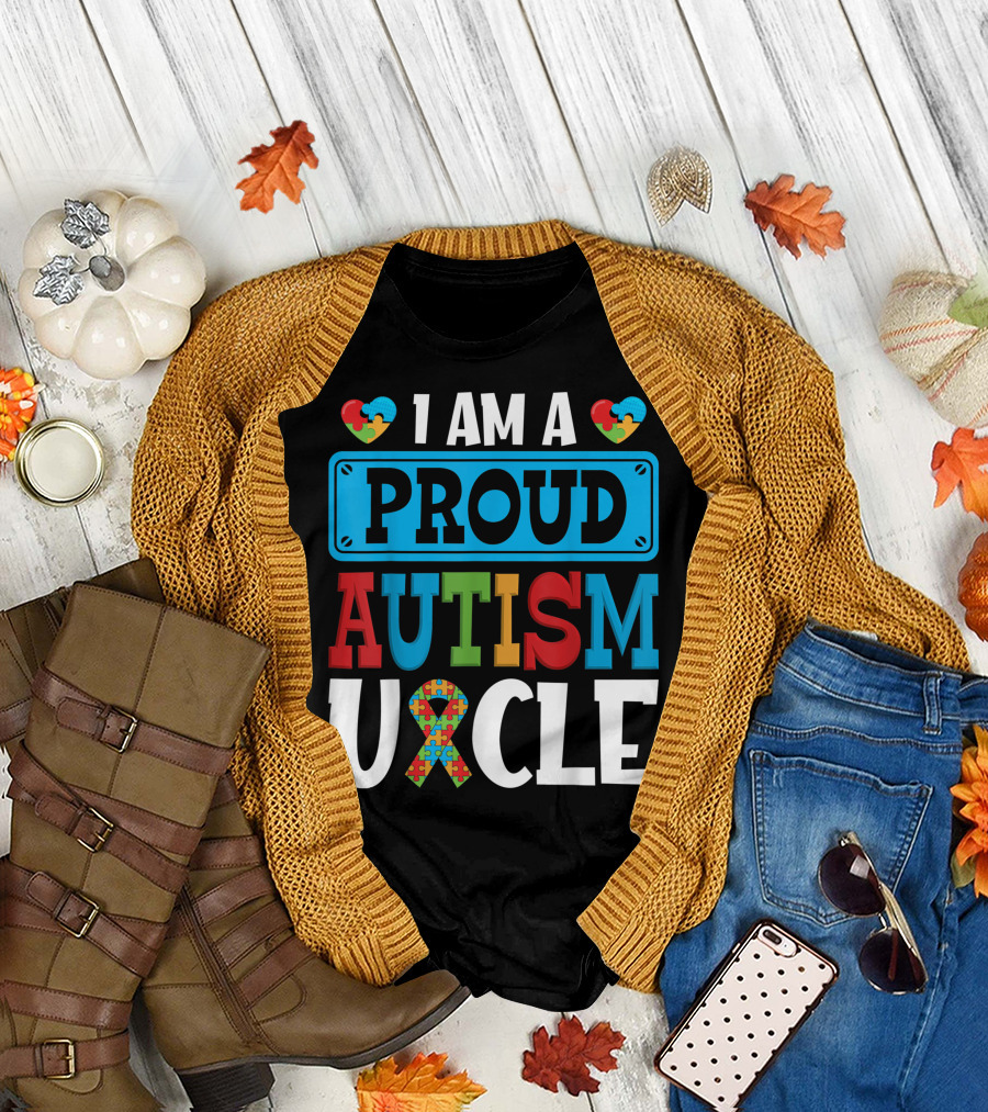 I Am A Proud Autism Uncle with Puzzle Ribbon and Hearts T-Shirt