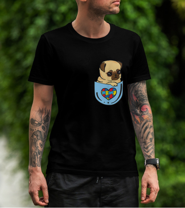 Autism Awareness Pug Puppy In Pocket With Heart Puzzle T-Shirt