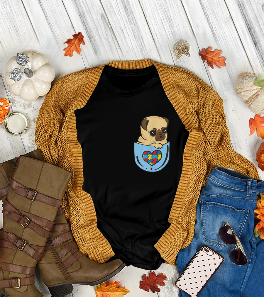 Autism Awareness Pug Puppy in Pocket with Heart Puzzle T-Shirt