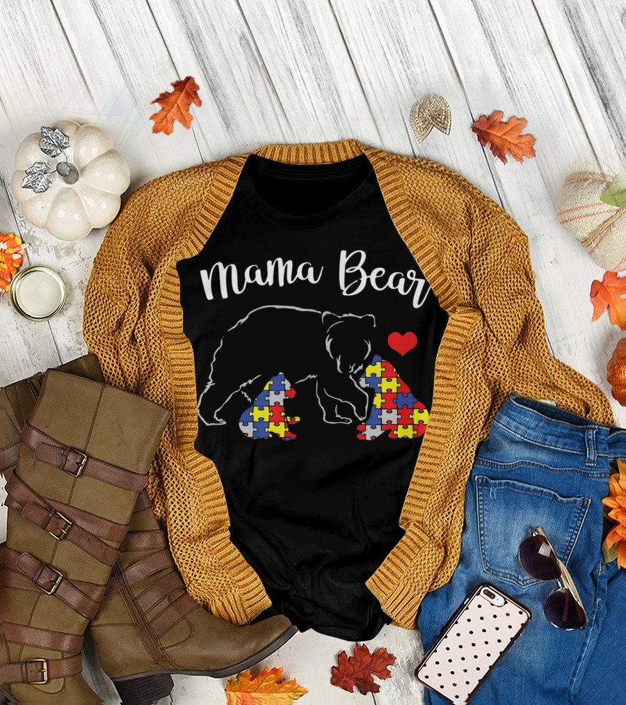 Mama Bear Autism Awareness Support Love Puzzle Heart T-Shirt