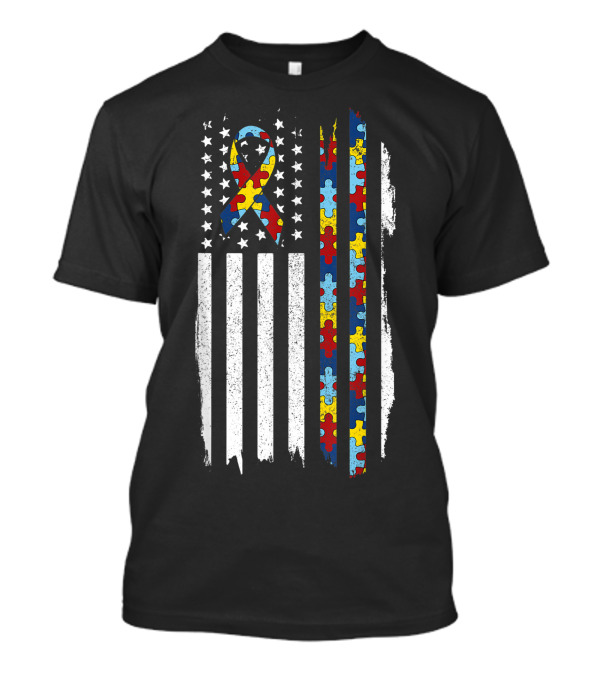 Autism Awareness Month American Flag Puzzle Ribbon Autistic Pride T-Shirt