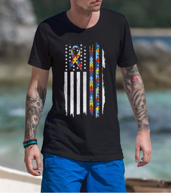 Autism Awareness Month American Flag Puzzle Ribbon Autistic Pride T-Shirt