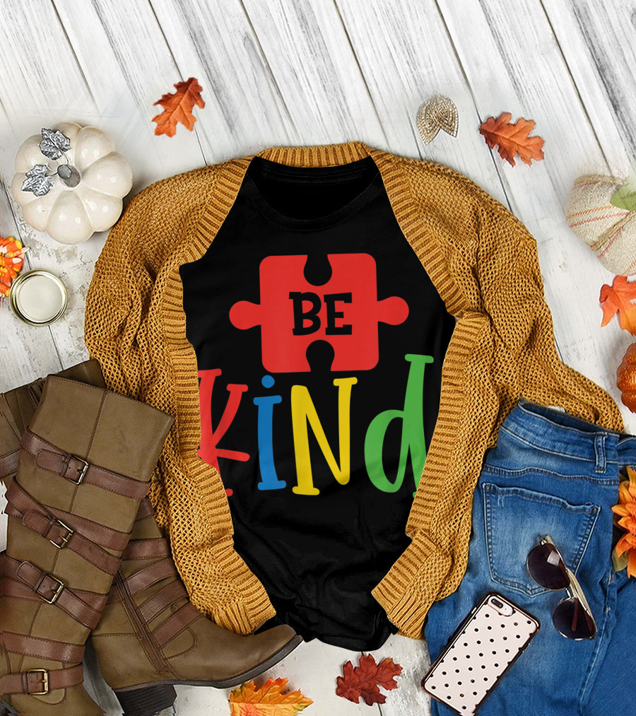 Autism Awareness Month Be Kind Puzzle Piece Bold Colors T-Shirt