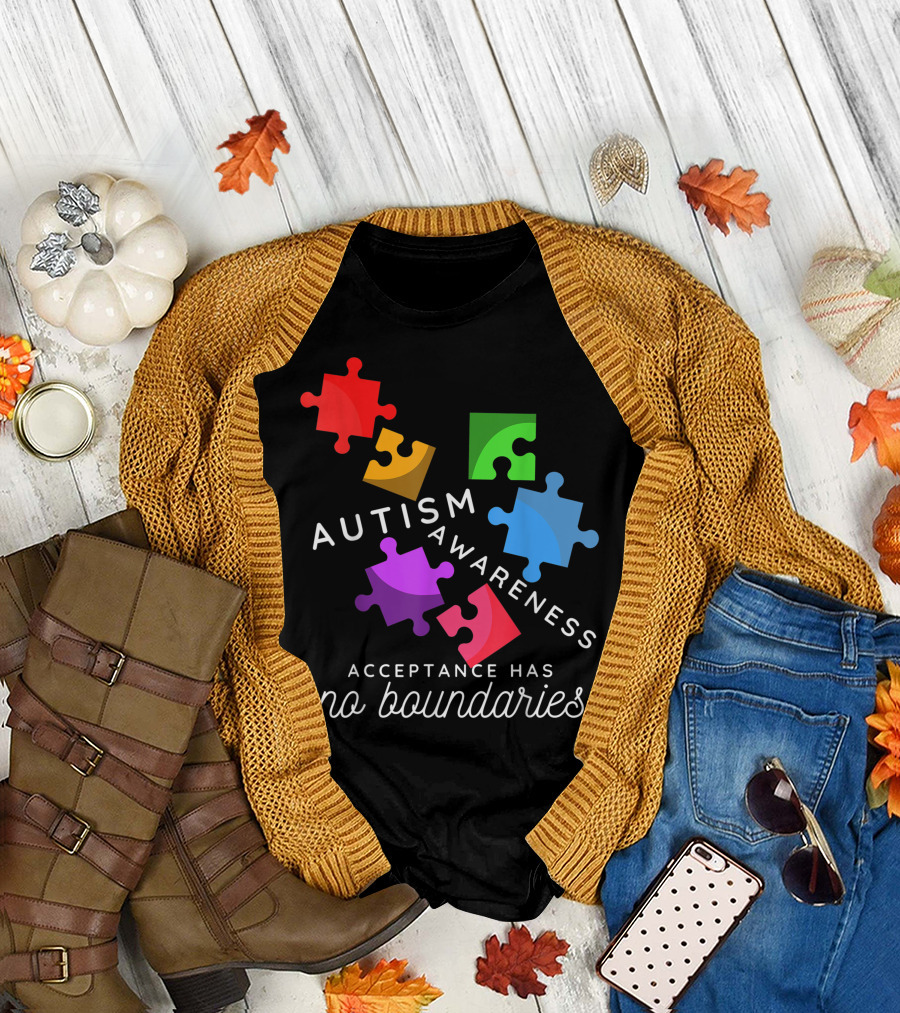 Autism Awareness Acceptance Has No Boundaries Puzzle Pieces T-Shirt