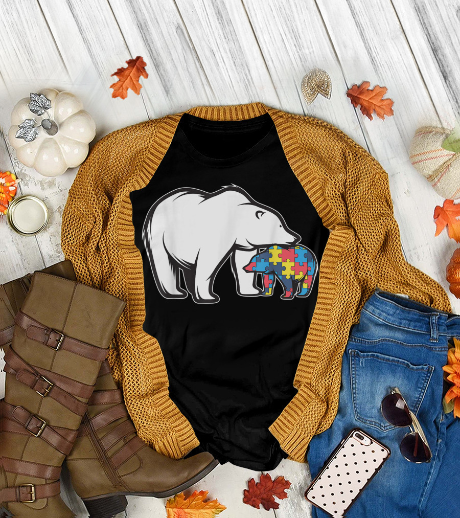 Autism Awareness Polar Bear with Colorful Puzzle Piece Bear T-Shirt