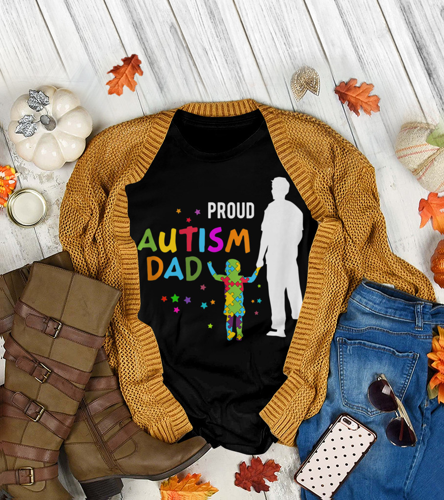 Proud Autism Dad Colorful Puzzle T-Shirt