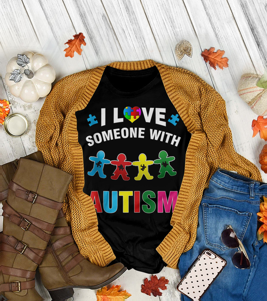 I Love Someone With Autism Colorful Puzzle Figures Autism Awareness T-Shirt
