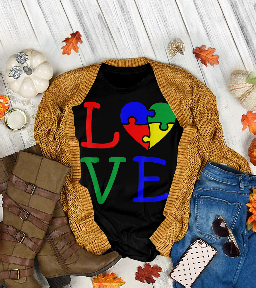 Love Autism Awareness Puzzle Piece Heart Colorful T-Shirt