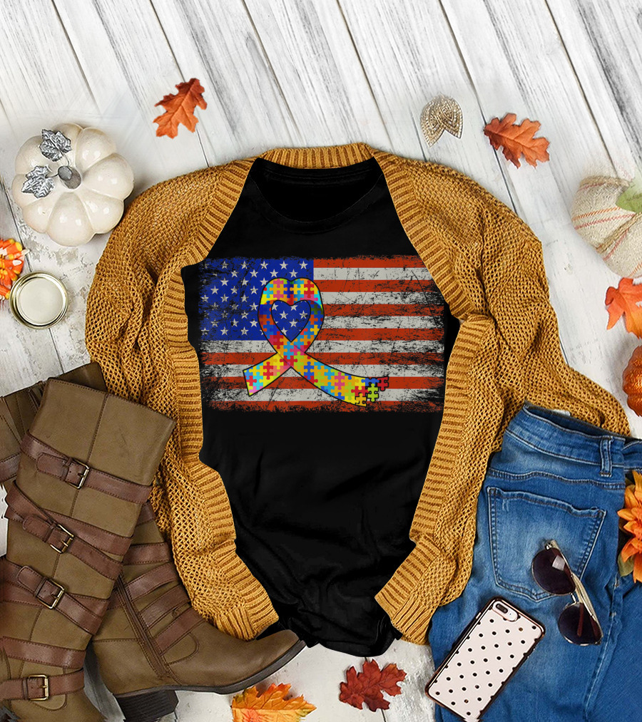 USA Flag with Heart-Shaped Autism Awareness Puzzle Piece Ribbon Support T-Shirt