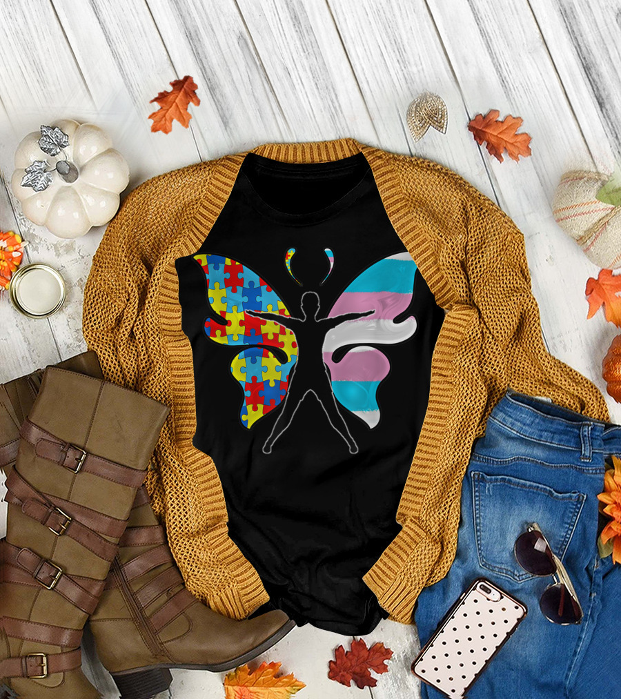 Autism Awareness Puzzle Transgender Pride Butterfly T-Shirt