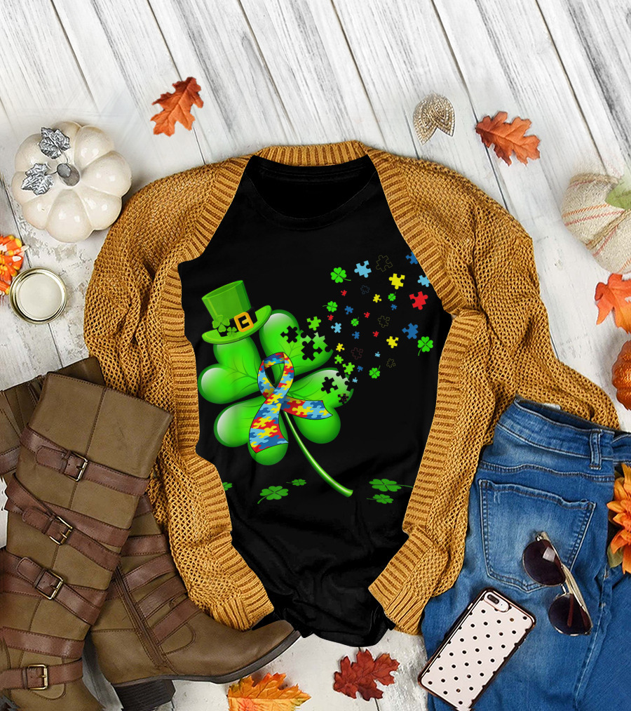 Autism Awareness Shamrock Leprechaun Hat Puzzle T-Shirt