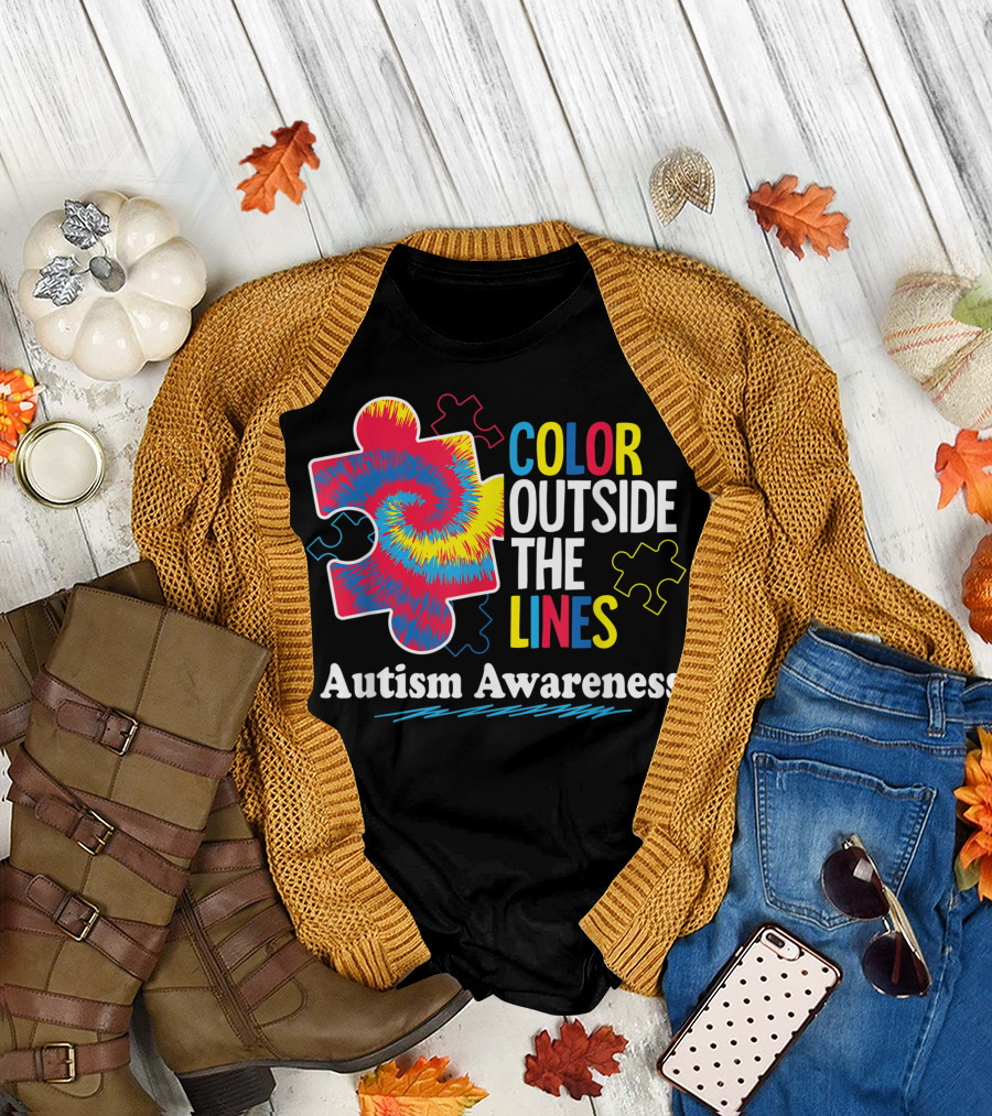 Autism Awareness Color Outside the Lines Puzzle Piece T-Shirt