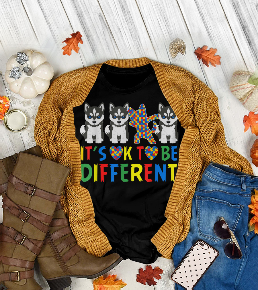 It's OK To Be Different Autism Awareness Siberian Husky Dog Dad T-Shirt