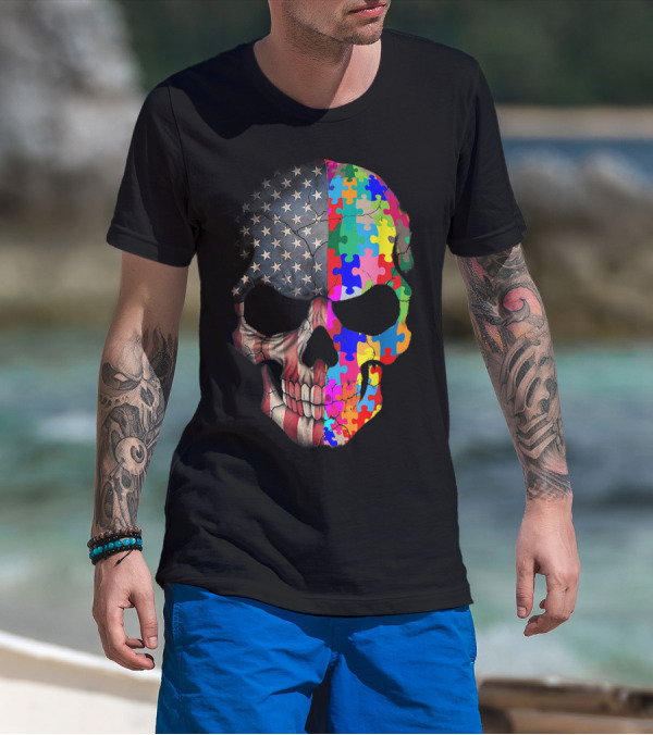 American Flag Skull With Autism Awareness Puzzle Pieces T-Shirt