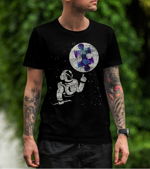 Autism Awareness Astronaut Reaching For Cosmic Puzzle Piece With Heart In Space T-Shirt