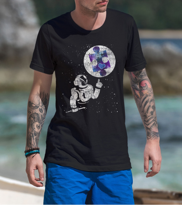 Autism Awareness Astronaut Reaching For Cosmic Puzzle Piece With Heart In Space T-Shirt