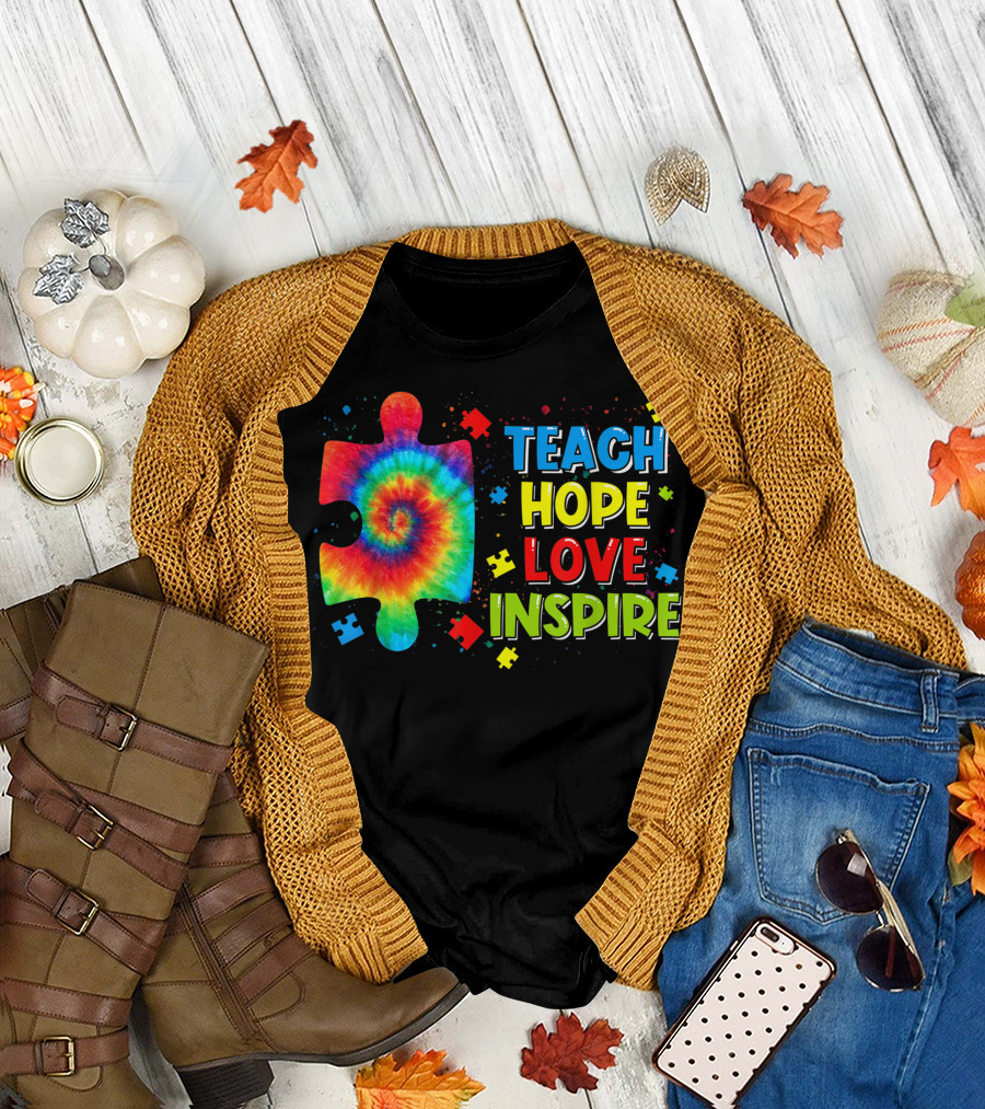 Autism Awareness Teach Hope Love Inspire Tie Dye Puzzle Piece T-Shirt