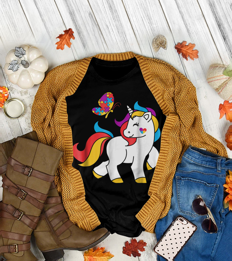 Unicorn with Puzzle Butterfly and Heart for Autism Awareness T-Shirt
