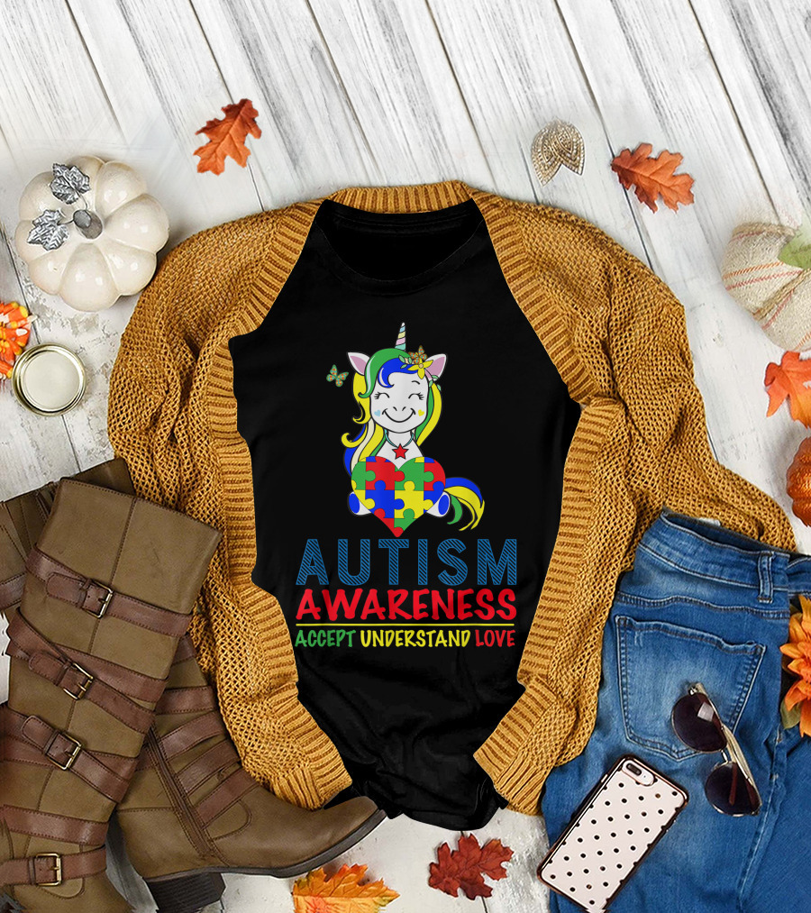 Autism Awareness Accept Understand Love Unicorn Heart Puzzles T-Shirt