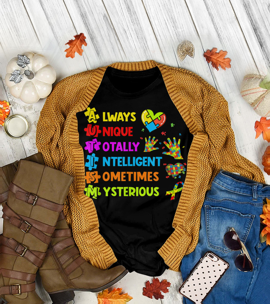 Always Unique Totally Intelligent Sometimes Mysterious with Puzzle Piece Heart and Hands T-Shirt