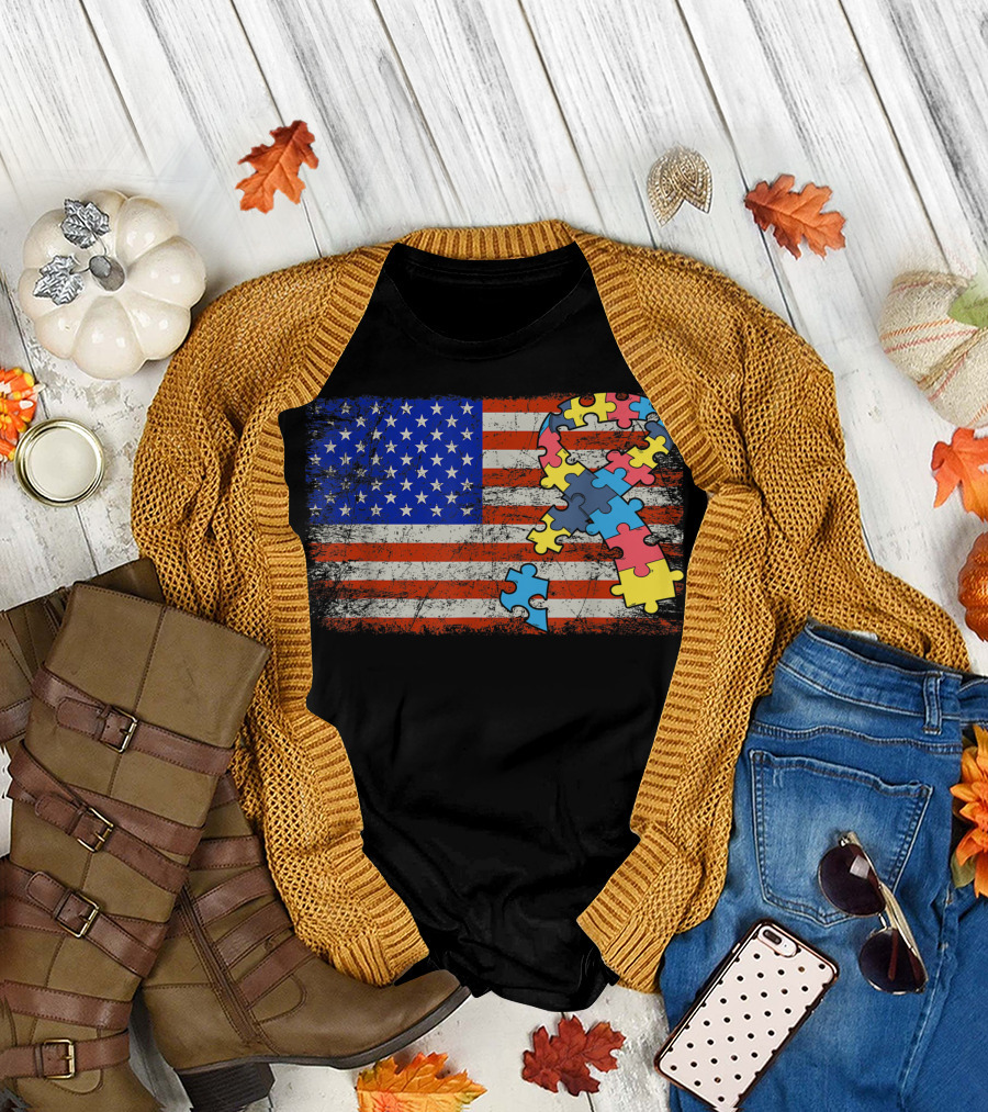 American Flag with Autism Puzzle Piece Awareness T-Shirt