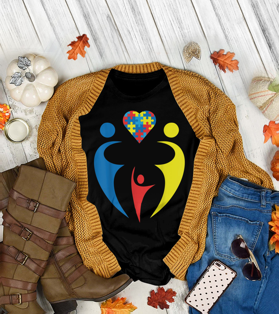 Autism Awareness Family Trio Heart Puzzle T-Shirt