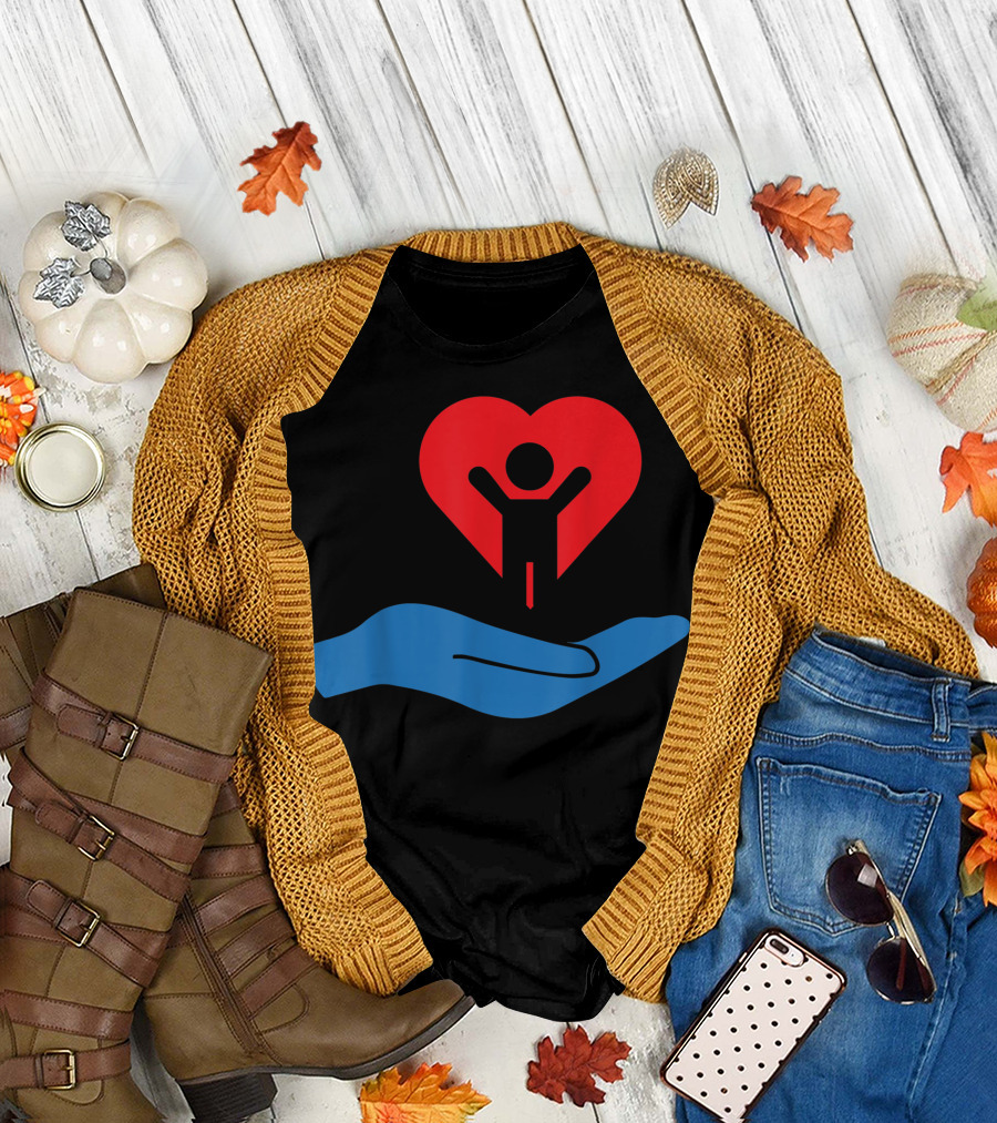 Autism Awareness My Hand Heart Caring Symbol with Red Heart and Blue Hand T-Shirt