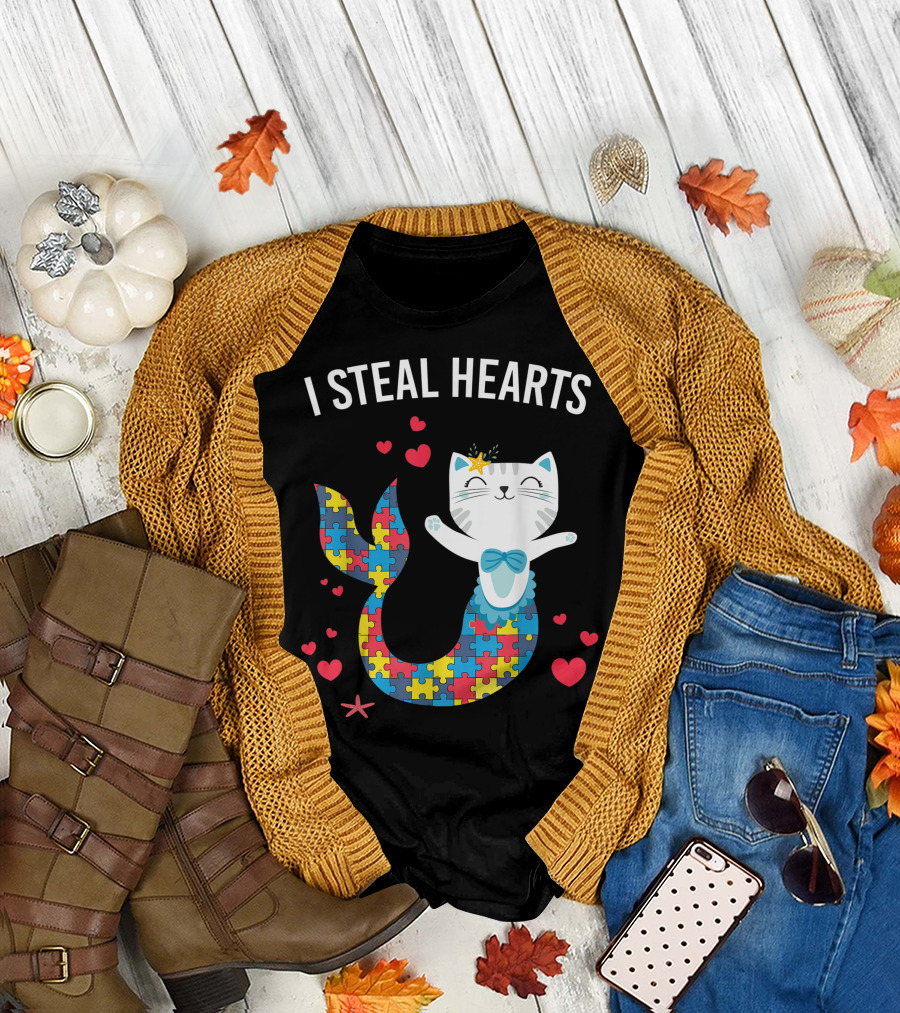 Autism Purrmaid Cat I Steal Hearts Valentine Girls T-Shirt