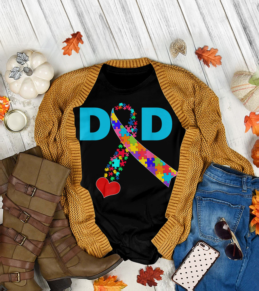 Dad Ribbon Heart Puzzle Autism Awareness Autistic Family T-Shirt