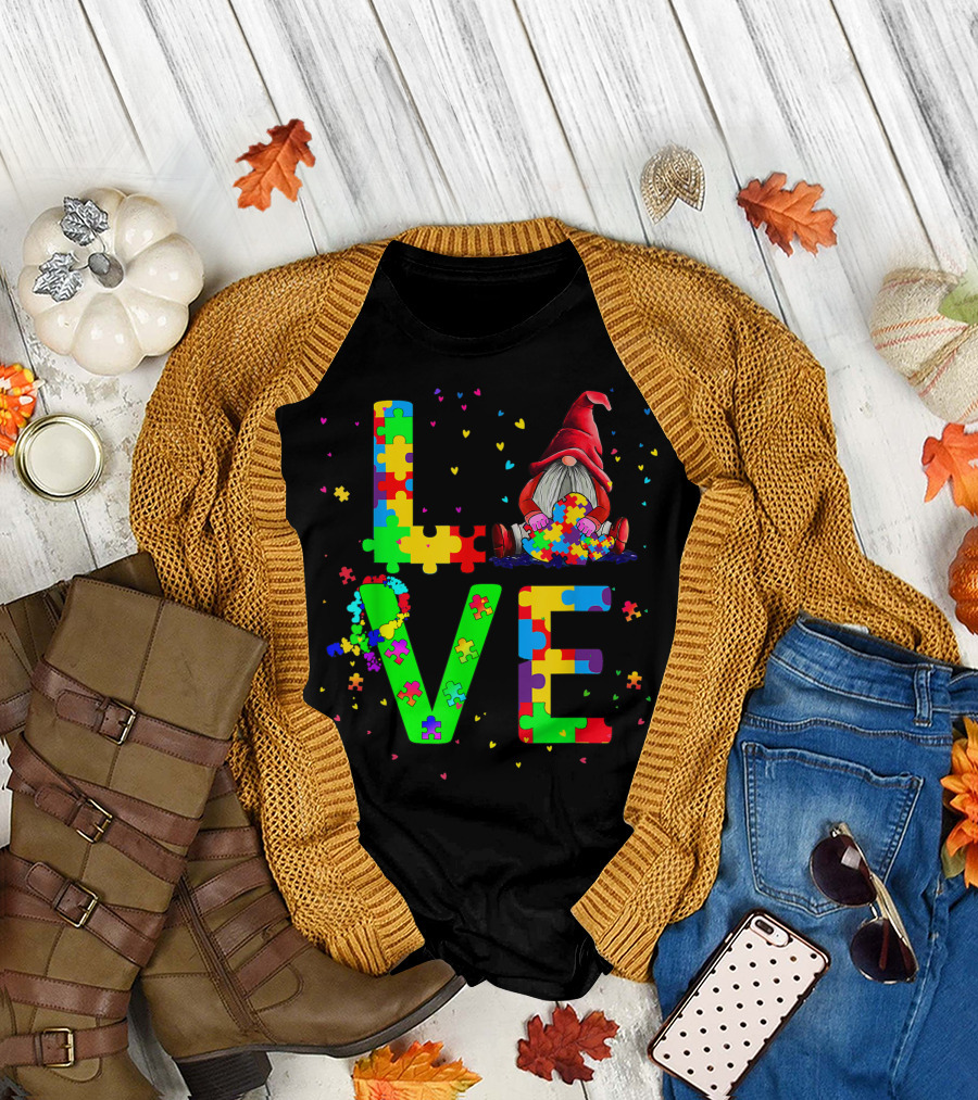 Autism Day Love Gnomes Puzzle Pieces T-Shirt