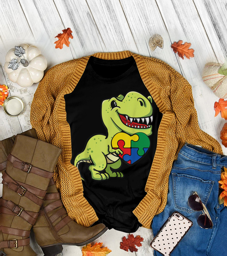 Autism Awareness Dinosaur Puzzle Heart Trex Lover T-Shirt