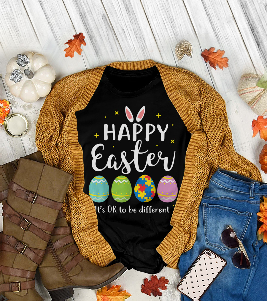 Happy Easter It's OK to be Different Autism Awareness Puzzle Egg Bunny T-Shirt
